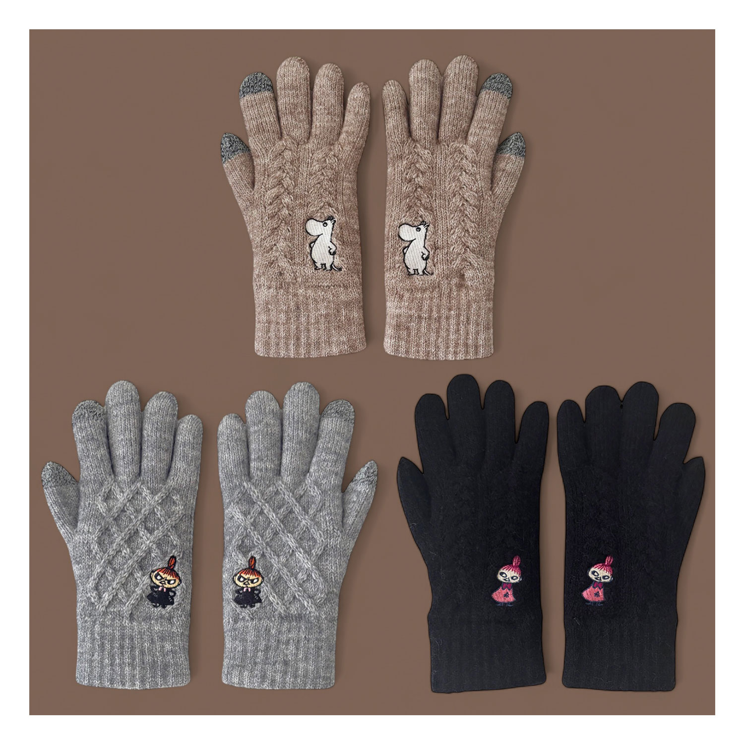 [公式] メーカー直営 ムーミン ワンポイント刺繍 スマホ対応ケーブル編み手袋 リトルミイ みつめる