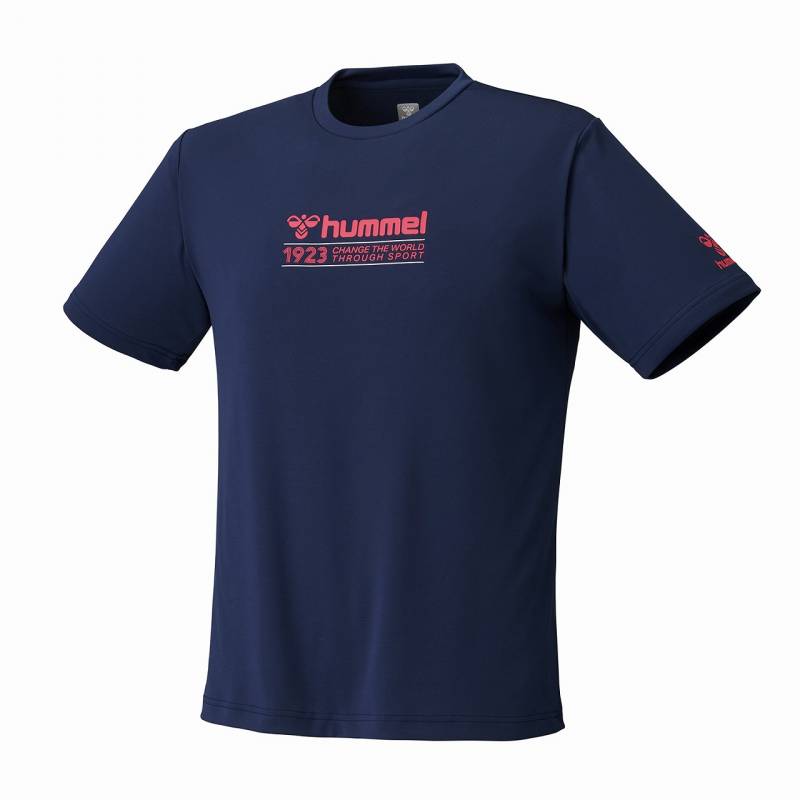 ヒュンメル (hummel) ハンドボールウェア トレーニングウエア スポーツウエア グラフィックTシャツ 半袖Tシャツ メンズ (26ss) ファントムネイビー×ピンク 吸汗速乾 S-XO HAY2148-70224