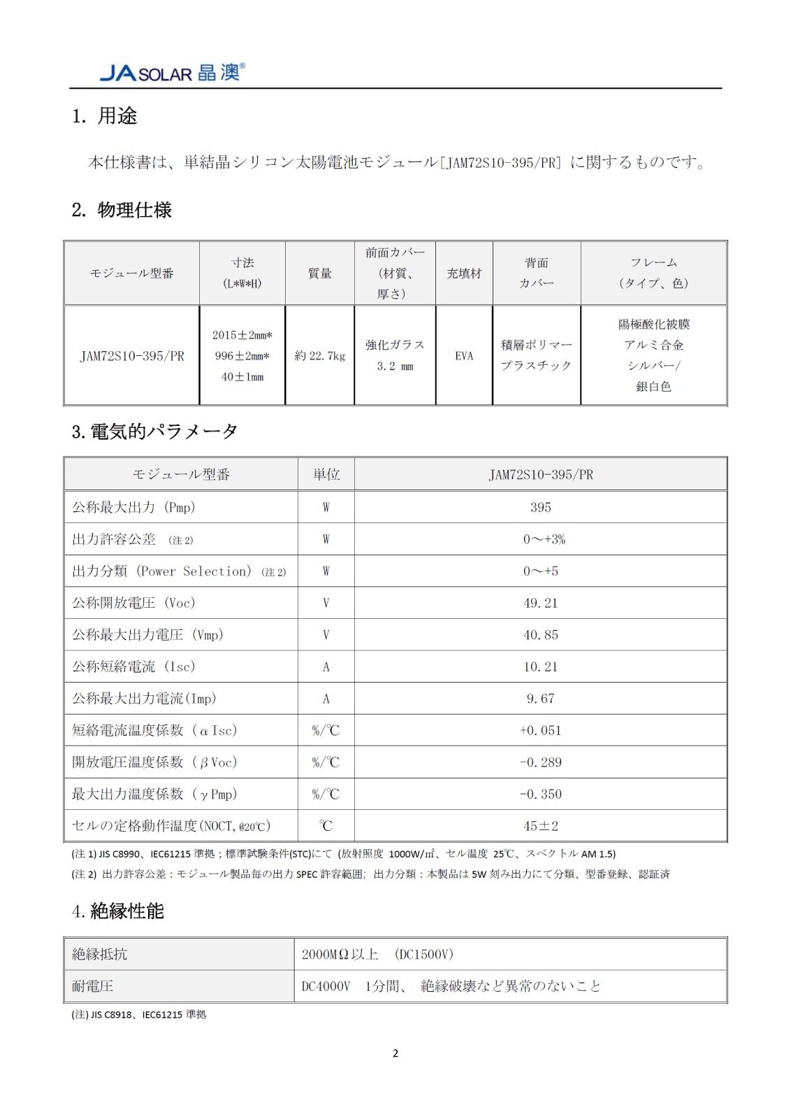 ��ñ�뾽395W 1500V���͡�JA�����顼 ���۸��ѥͥ� JAM72S10-395/PR