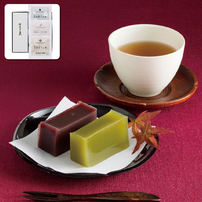菓心谷常 絹ごし羊羹(抹茶)1本・お茶3種セット