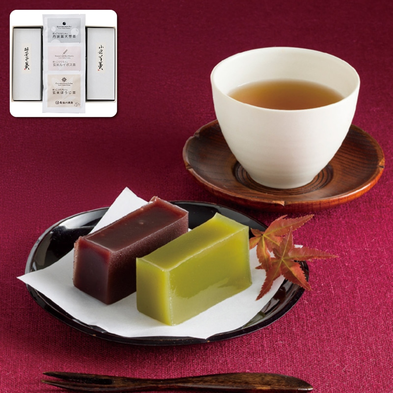 菓心谷常 絹ごし羊羹(抹茶・小倉)2本・お茶3種セット