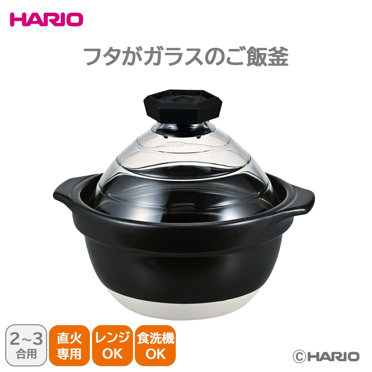 ハリオ フタがガラスのご飯釜2～3合 ガス火専用