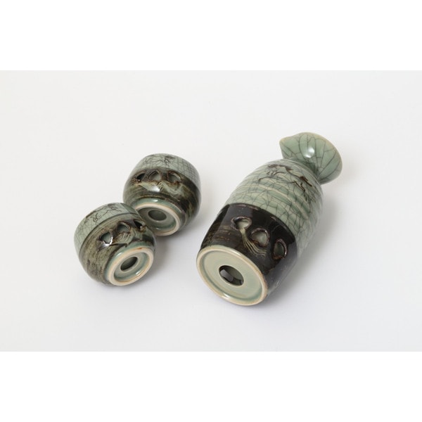 大堀相馬焼 松永窯 二重徳利(二合)・二重ぐい呑み2個 酒器揃えセット