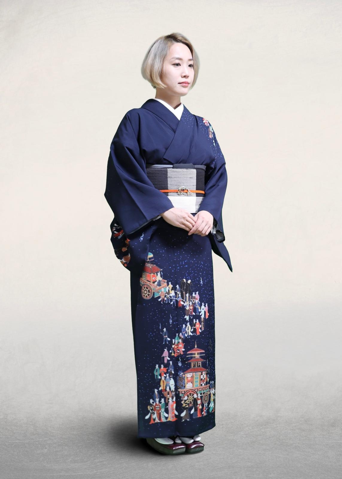 some-pri 単衣着物「狐と妖怪の祭礼」藍色【受注生産品】 追加画像2