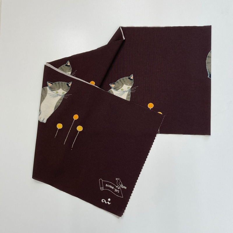 some-pri 帯揚ストール「ネコと黄色の花」ブラウン【受注生産品】 追加画像1