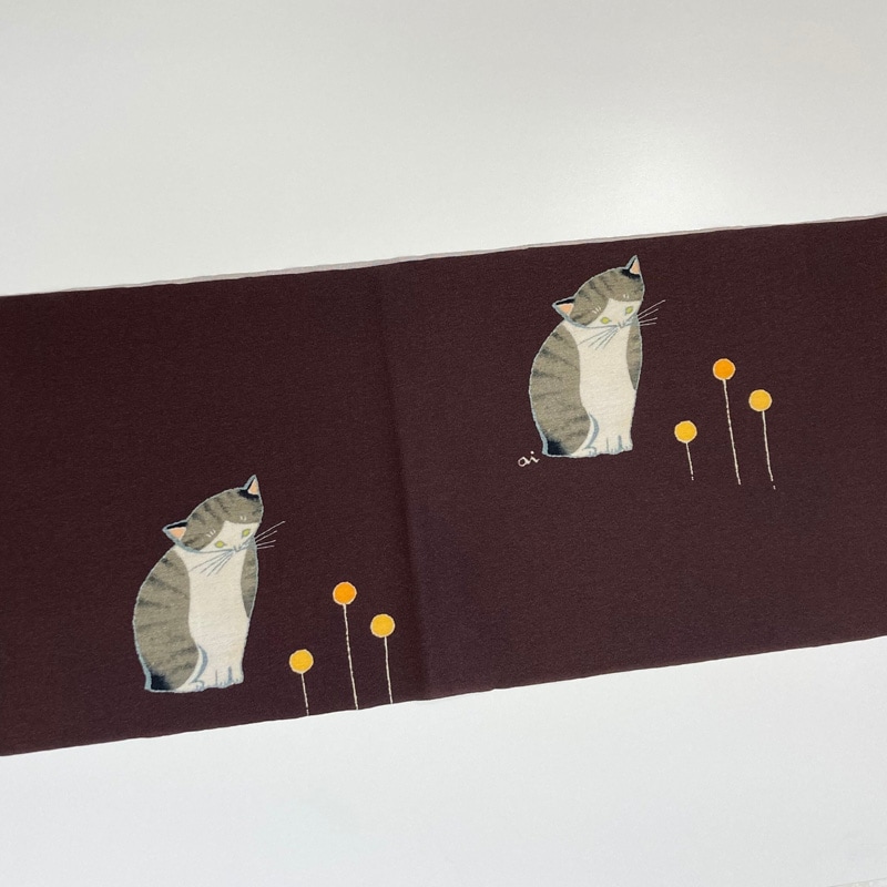 some-pri 帯揚ストール「ネコと黄色の花」ブラウン【受注生産品】 追加画像3