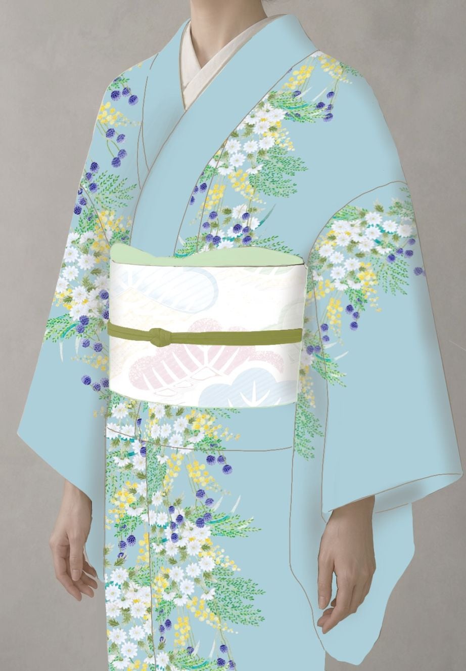 some-pri 「ミモザ花束」水色 小紋【受注生産品】【反物納品可】