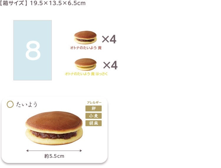 オトナのたいよう父の日セット8個入り | ※お届けは6/21まで※日本酒「貴」を生地に染みこませた大人向けのどらやき。あずきつぶあんとはっさくあんの2種類入り。