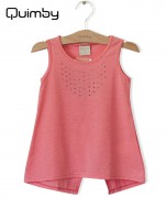 【QUIMBY】女の子タンクトップ【ラインストーン・無地】デザインバックテール｜コーラルピンク|女の子|キッズ