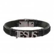 ◆期間限定セール◆ワンタッチ革紐タイプブレスレット【JESUS】 | ブラック|アクセサリー|メンズ