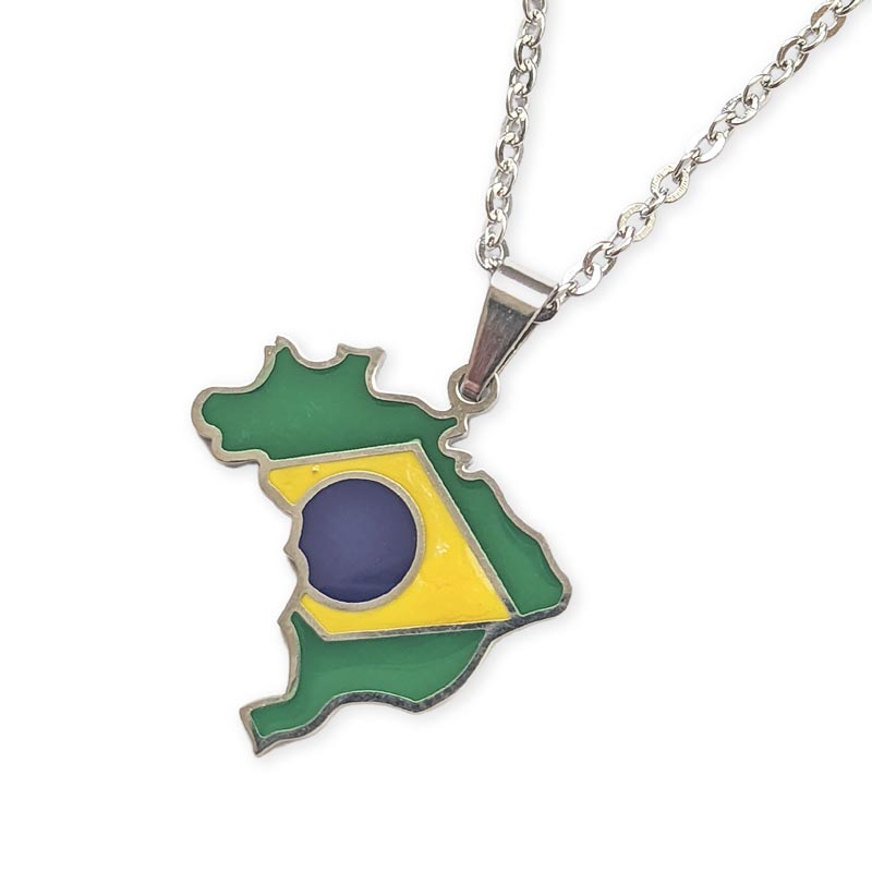 ブラジル国旗＆国土モチーフデザインネックレス シルバー｜レディース 