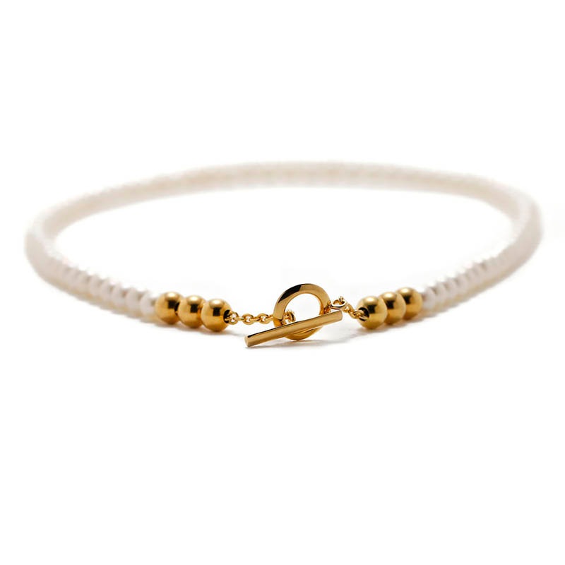 Pearl Beads T-Bar Necklace - Gold Plated（パールビーズTバーネックレス - ゴールドコーティング）　SYMPATHY OF SOUL Style（シンパシーオブソウルスタイル)