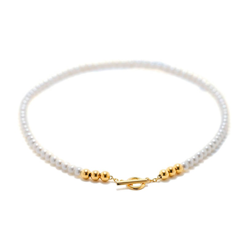Pearl Beads T-Bar Necklace - Gold Plated（パールビーズTバーネックレス - ゴールドコーティング）　SYMPATHY OF SOUL Style（シンパシーオブソウルスタイル)