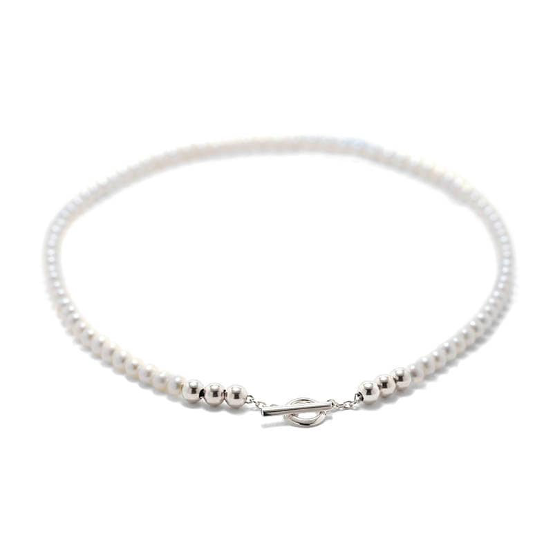 Pearl Beads T-Bar Necklace - Silver（パールビーズTバーネックレス - シルバー）【納期 1ヶ月】　SYMPATHY OF SOUL Style（シンパシーオブソウルスタイル)