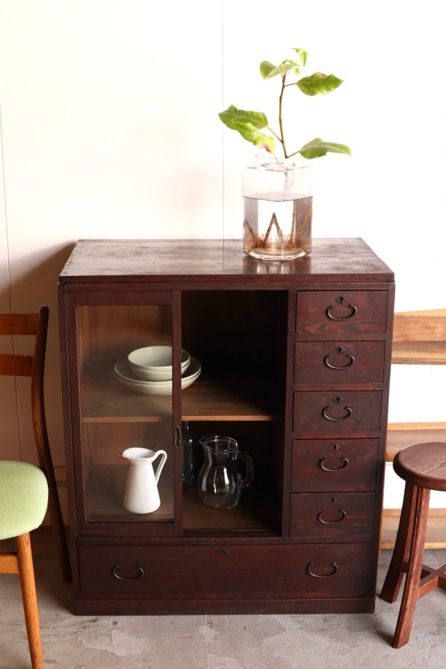 昭和 レトロ アンティーク ヴィンテージ 古道具 箪笥 引き出し ガラス