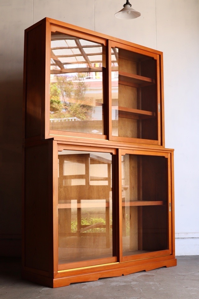 ガラス戸棚　木製　引き戸　磨りガラス　古家具　古道具　アンティーク　昭和レトロ ガラス戸棚 木製 引き戸 磨りガラス 古家具 古道具 アンティーク