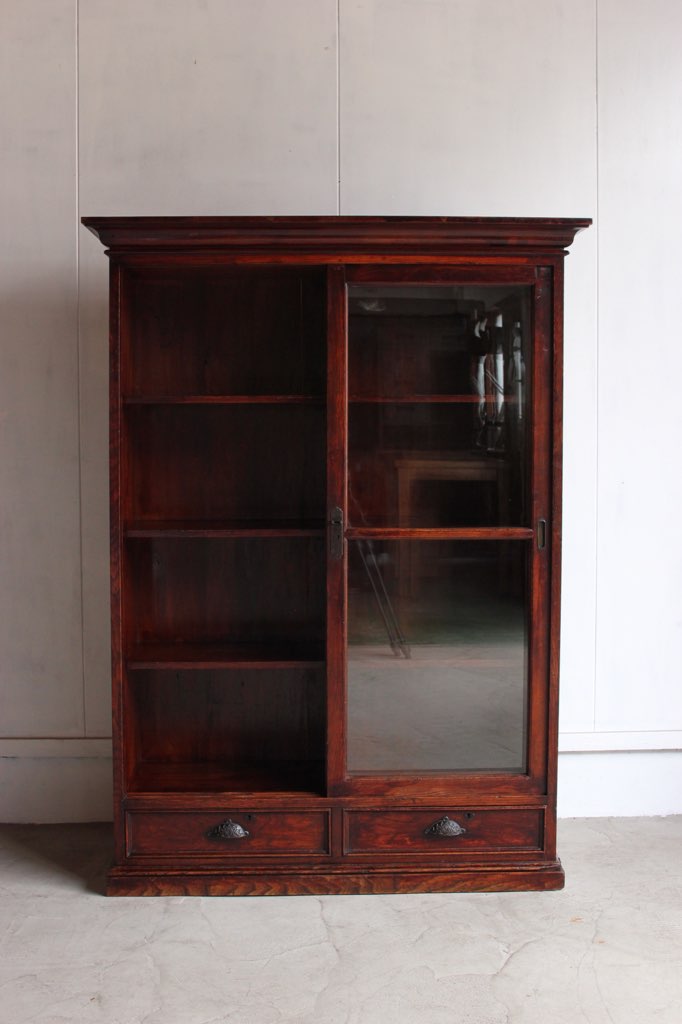 ガラス戸棚　木製　引き戸　磨りガラス　古家具　古道具　アンティーク　昭和レトロ ガラス戸棚 木製 引き戸 磨りガラス 古家具 古道具 アンティーク