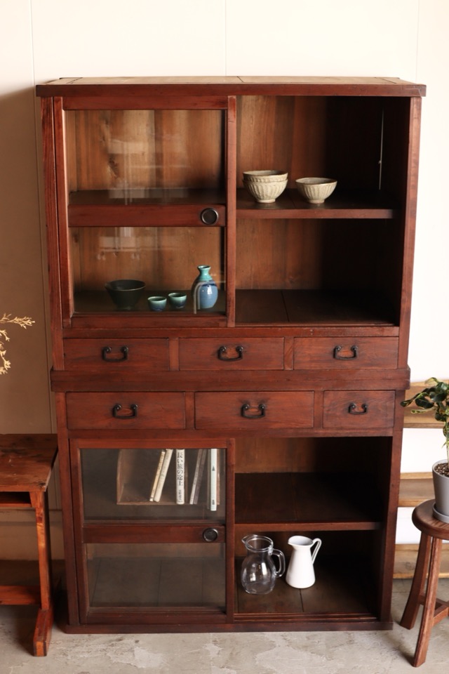 昭和 レトロ アンティーク ヴィンテージ 古道具 箪笥 引き出し ガラス戸棚 引戸棚/水屋箪笥,ガラス引戸棚 | 古家具古道具 そうすけ