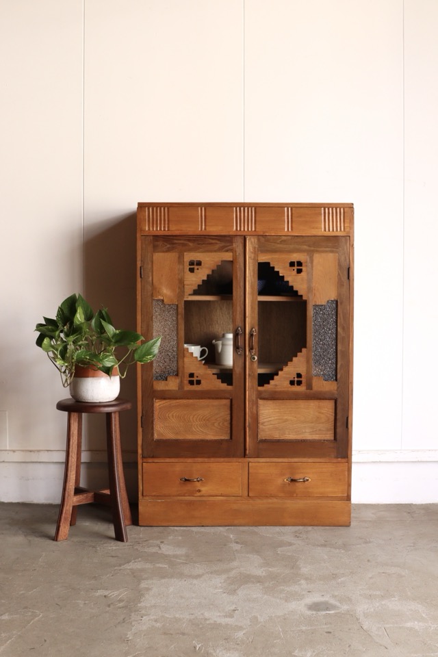 古家具 ガラス戸棚 ガラス戸棚 三面ガラス W873xH1552xD350 - 古道具donguri