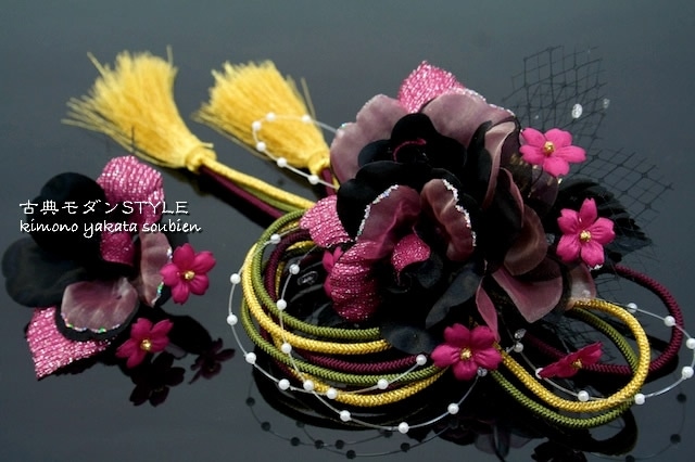 髪飾り2点セット　成人式　振袖　卒業式　袴　結婚式　花　レース　黒　赤紫