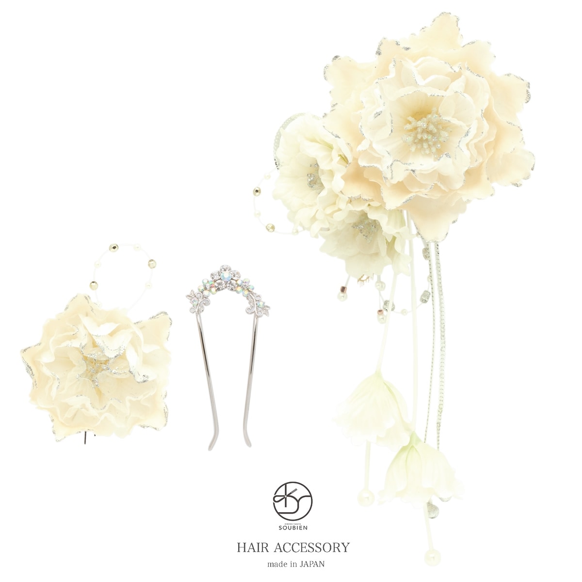 髪飾り　3点セット　花　ラメ　パール　スパンコール　パウダーオレンジ×白　成人式　振袖　卒業式　袴　結婚式　パーティー　ドレス　婚礼　着物　髪留め　ヘアアクセサリー