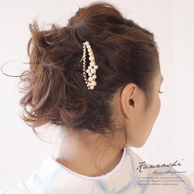 バチ型簪(かんざし)　髪飾り　結婚式　訪問着　色留袖　ゴールド　パール　ラインストーン　フォーマル　ドレス　パーティー　髪留め