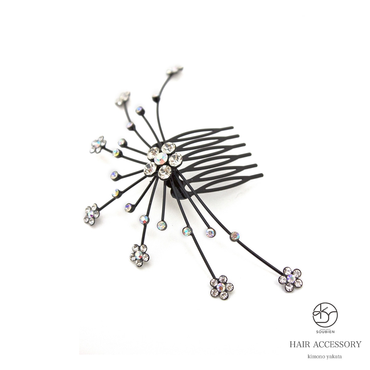 ヘアアクセサリー　浴衣向け　ドレス　成人式　ビジュー　コーム　花　黒　パーティー　まとめ髪　アップヘア　ヘアアレンジ　ふりそで　髪飾り