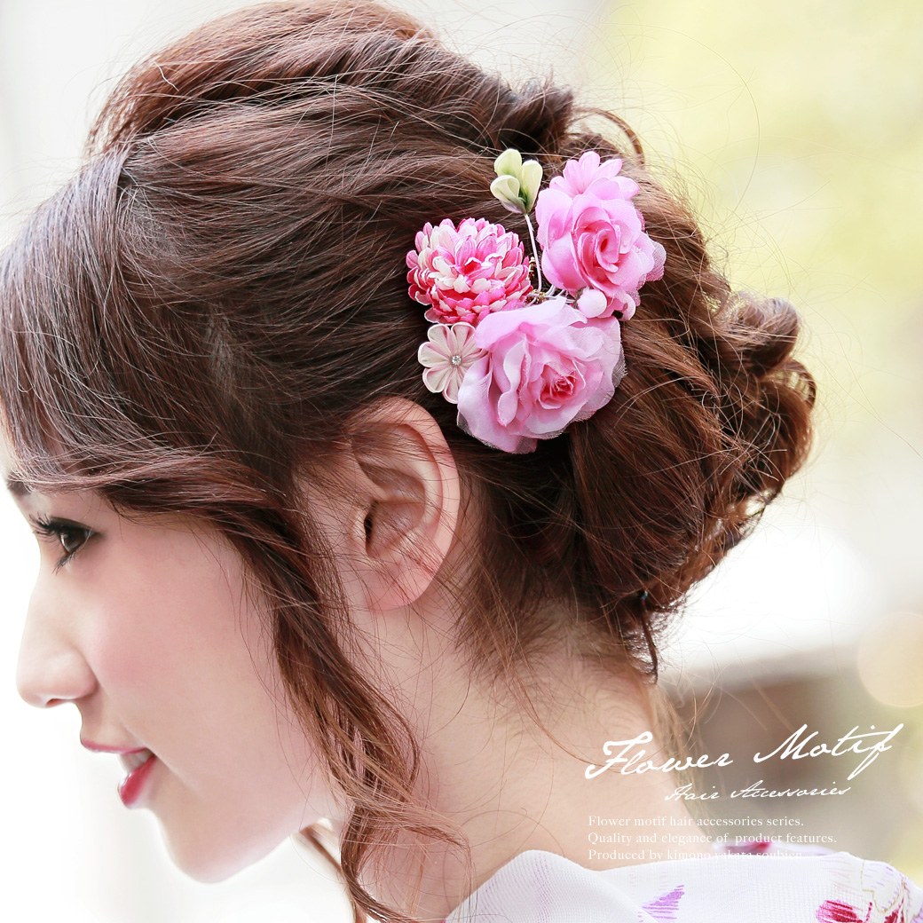 つまみ細工　コーム　成人式　振袖　ピンク　薔薇　和洋兼用　髪留め　ヘアアクセサリー