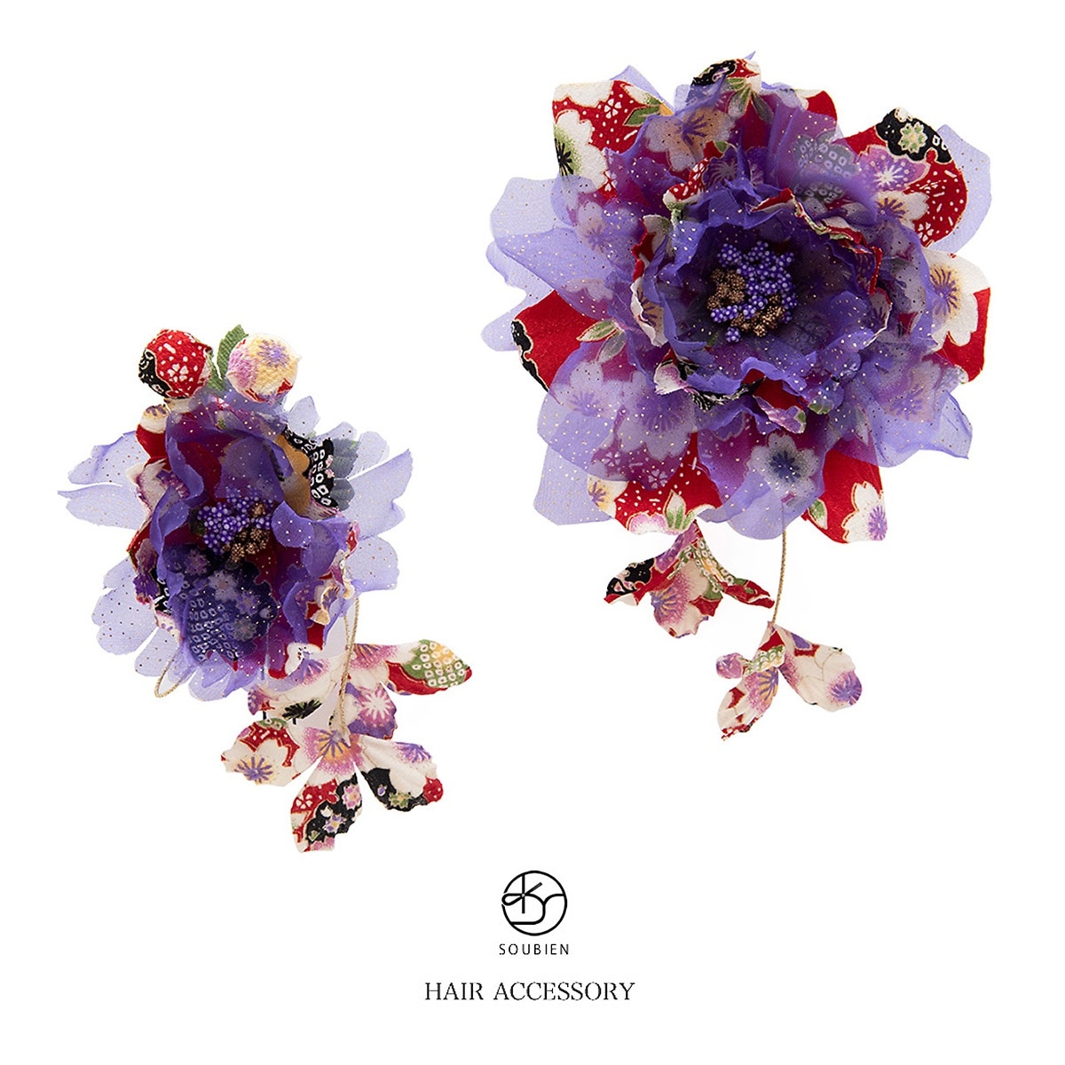 髪飾り　2点セット　成人式　振袖向け　花　フラワー　紫　和柄　ブラ　髪留め　髪かざり　ヘアアクセサリー