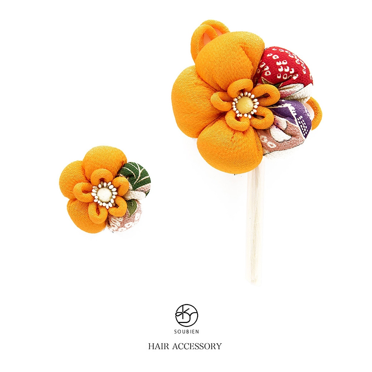 髪飾り2点セット　成人式　振袖　花　フラワー　黄色　梅　縮緬　和柄　房飾り　簪　髪留め　髪かざり　ヘアアクセサリー