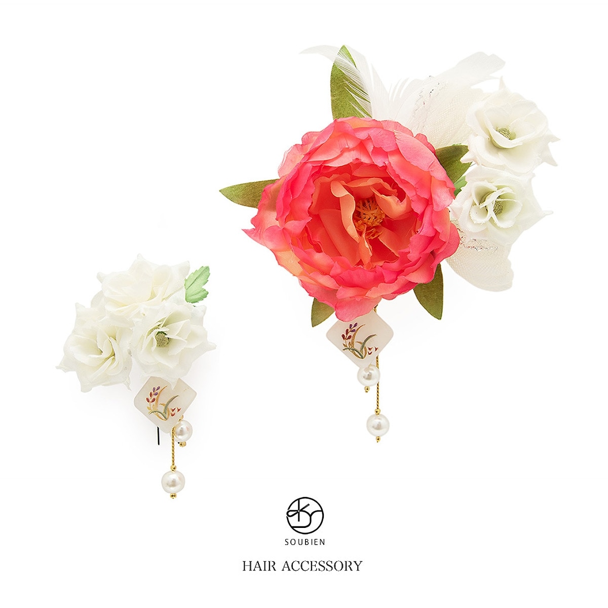 髪飾り2点セット　成人式　振袖　花　フラワー　ピンク　チュールリボン　羽　パールビーズ　螺鈿　髪留め　髪かざり　ヘアアクセサリー
