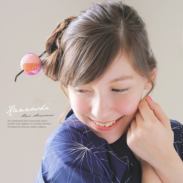 玉簪(かんざし)　髪飾り　鹿の子絞り　紫　ピンク　オレンジ　正絹　髪留め