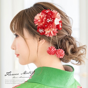 髪飾り　２点セット　成人式　振袖向け　はかま　花　フラワー　赤　つまみ細工　ブラ飾り　ふりそで　髪留め　髪かざり　ヘアアクセサリー