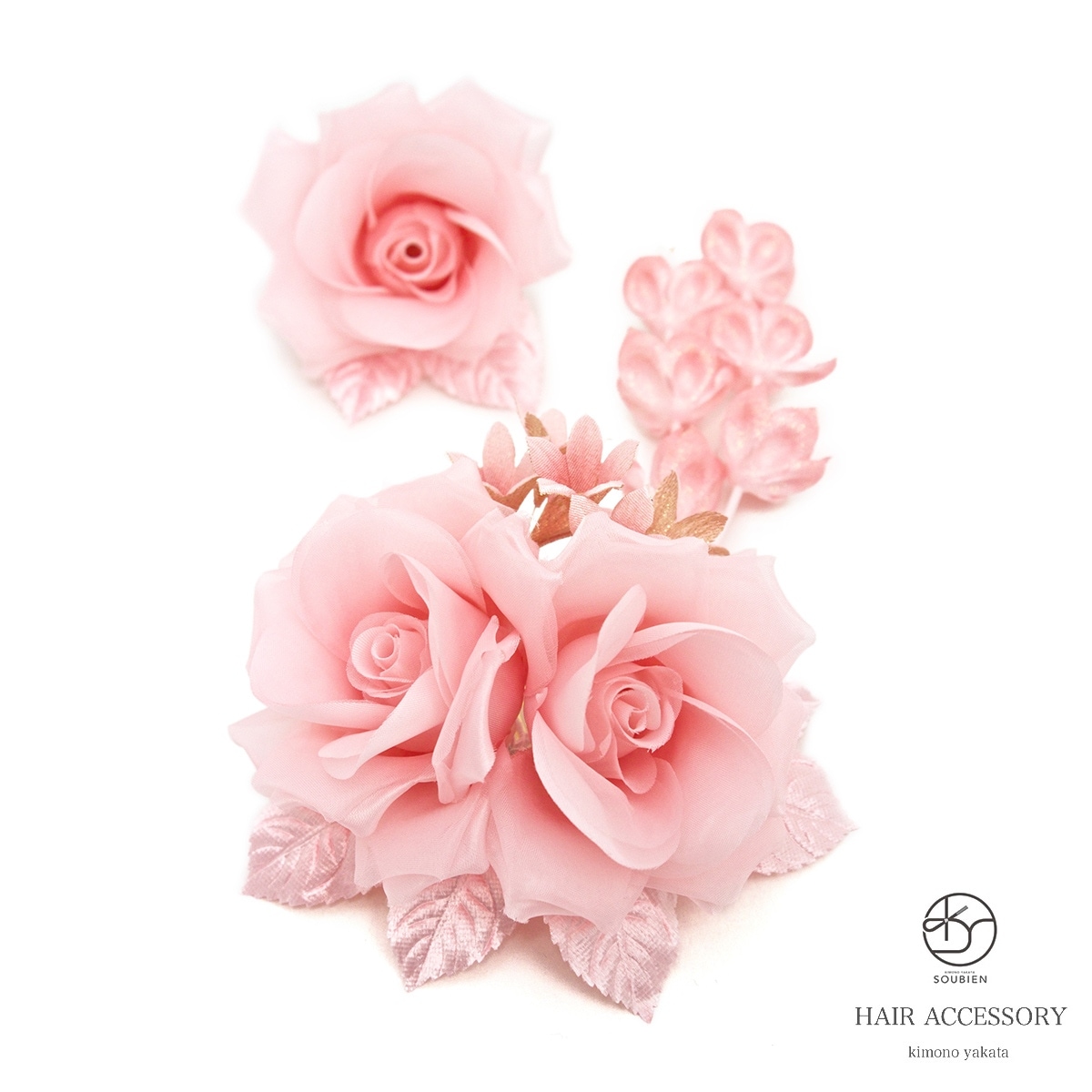 髪飾り　2点セット　成人式　振袖向け　ピンク　花　薔薇　パールビーズ　ラメ　ブラ　髪留め　髪かざり　振り袖　ヘアアクセサリー