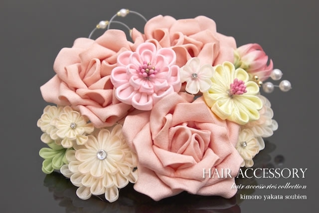 つまみ細工 髪飾り 成人式 振袖 菊 薔薇 ピンク コーム パールビーズ ビジュー 髪留め ヘアアクセサリー