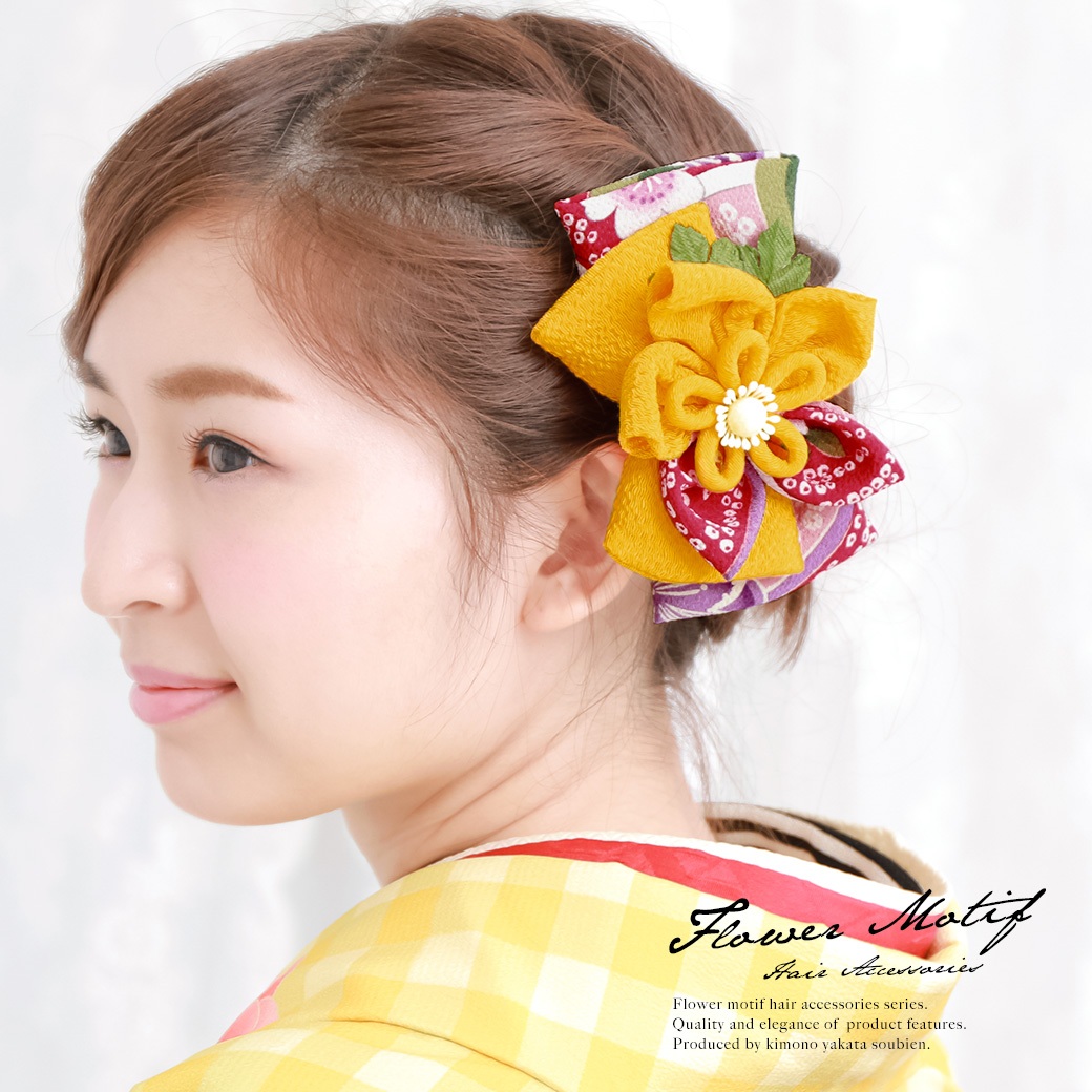 髪飾り　橙　オレンジ　桜　リボン　縮緬　和柄　コーム　日本製　髪留め　ヘアアクセサリー　袴　浴衣　着物　振袖　成人式　卒業式