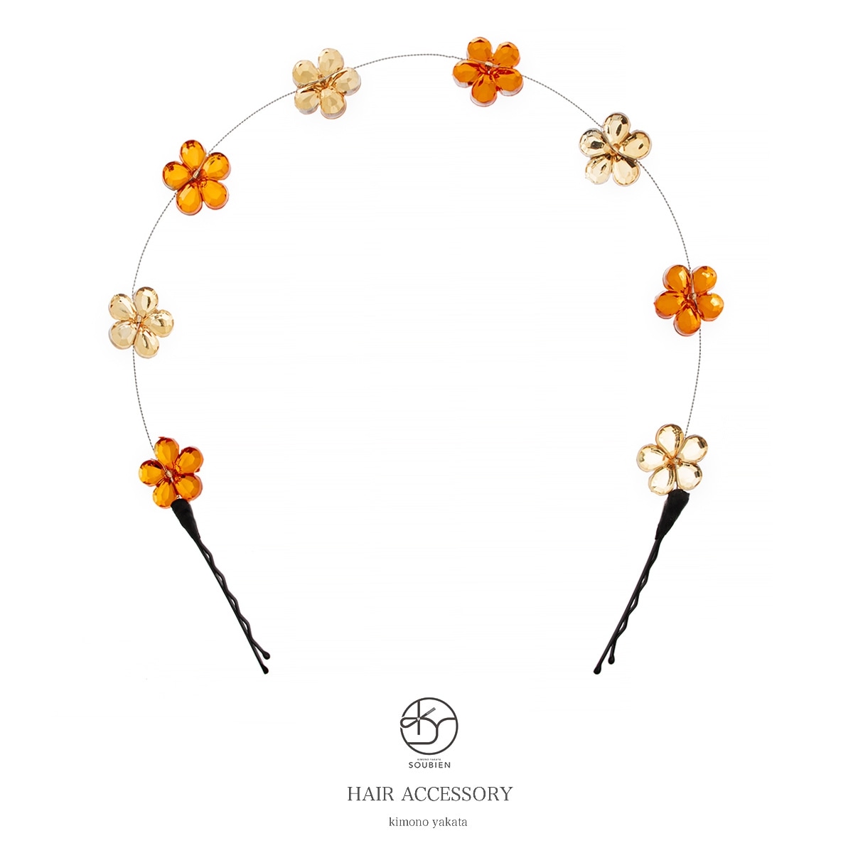 髪飾り　橙　オレンジ　花　ワイヤー　ヘアピン　髪留め　ヘアアクセサリー　袴　浴衣　着物　振袖　成人式　卒業式