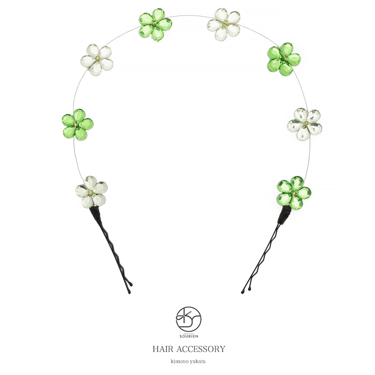 髪飾り　緑　グリーン　花　ワイヤー　ヘアピン　髪留め　ヘアアクセサリー　袴　浴衣　着物　振袖　成人式　卒業式