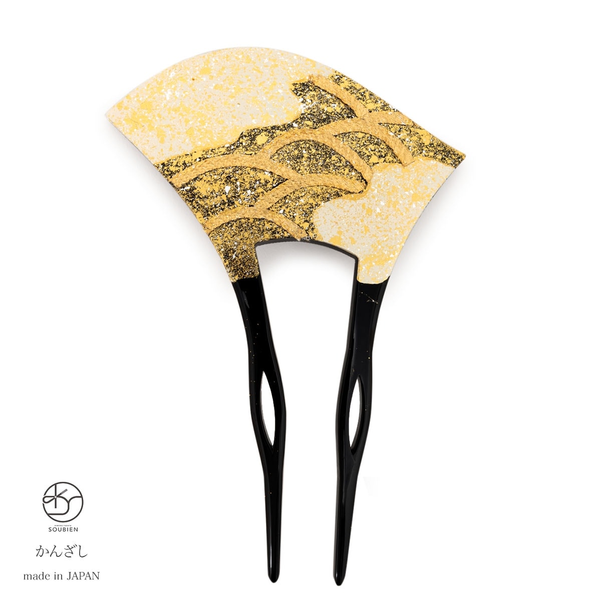 バチ型簪　かんざし　フォーマル　金　ゴールド　立波　青海波　金箔調　ラメ　二本足　髪飾り　日本製　結婚式　パーティー　着物　和装