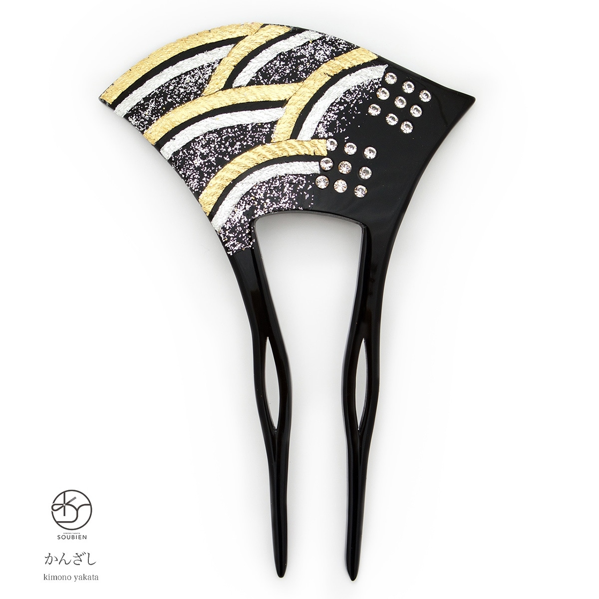 バチ型簪　かんざし　フォーマル　金　ゴールド　立波　青海波　金箔調　ラメ　ラインストーン　二本足　髪飾り　日本製　結婚式　パーティー　着物　和装