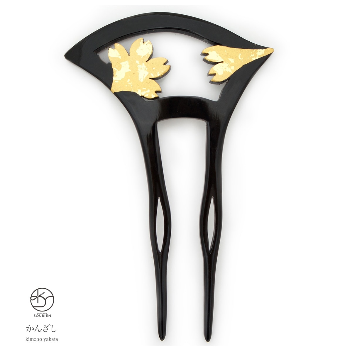バチ型簪　かんざし　フォーマル　金　ゴールド　桜　花　金箔調　彫り　二本足　髪飾り　日本製　成人式　卒業式　結婚式　パーティー　着物　和装