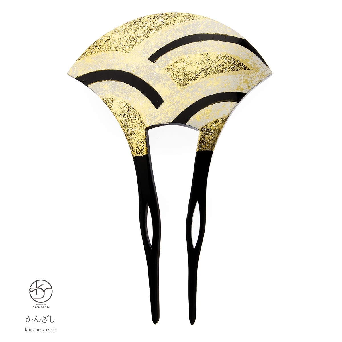 バチ型簪　かんざし　フォーマル　金　ゴールド　立波　青海波　金箔調　ラメ　二本足　髪飾り　日本製　結婚式　パーティー　着物　和装