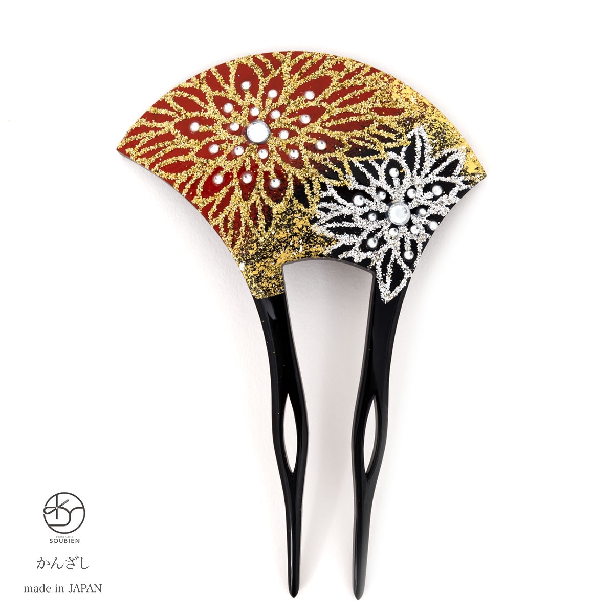 バチ型簪　かんざし　フォーマル　金　ゴールド　黒　赤　菊　花　金箔調　ラメ　ラインストーン　二本足　髪飾り　日本製　結婚式　パーティー　着物　和装