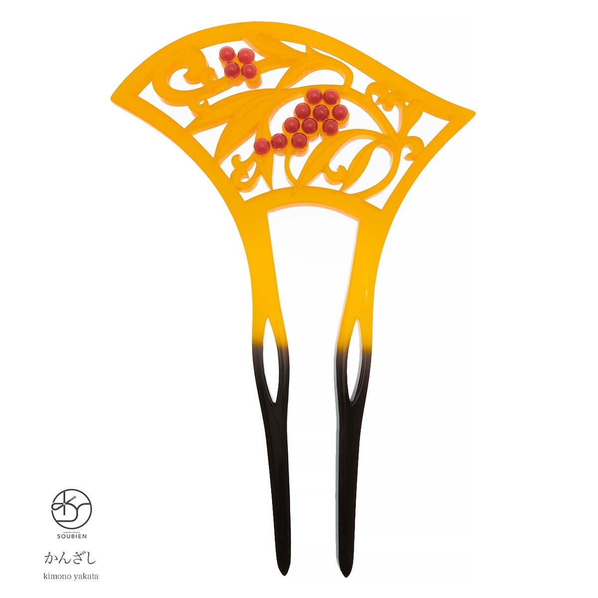 バチ型簪　べっ甲色　鼈甲色　南天　透かし　彫り　かんざし　フォーマル　二本足　髪飾り　日本製　結婚式　パーティー　着物　和装