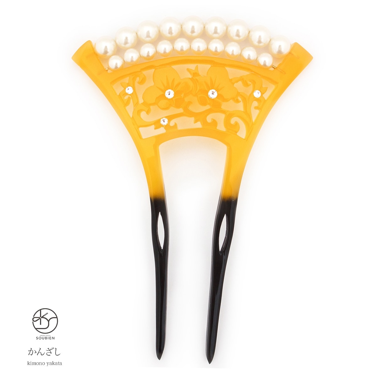 バチ型簪　べっ甲色　鼈甲色　梅　唐草文様　パールビーズ　ラインストーン　かんざし　フォーマル　二本足　髪飾り　日本製　結婚式　パーティー　着物　和装