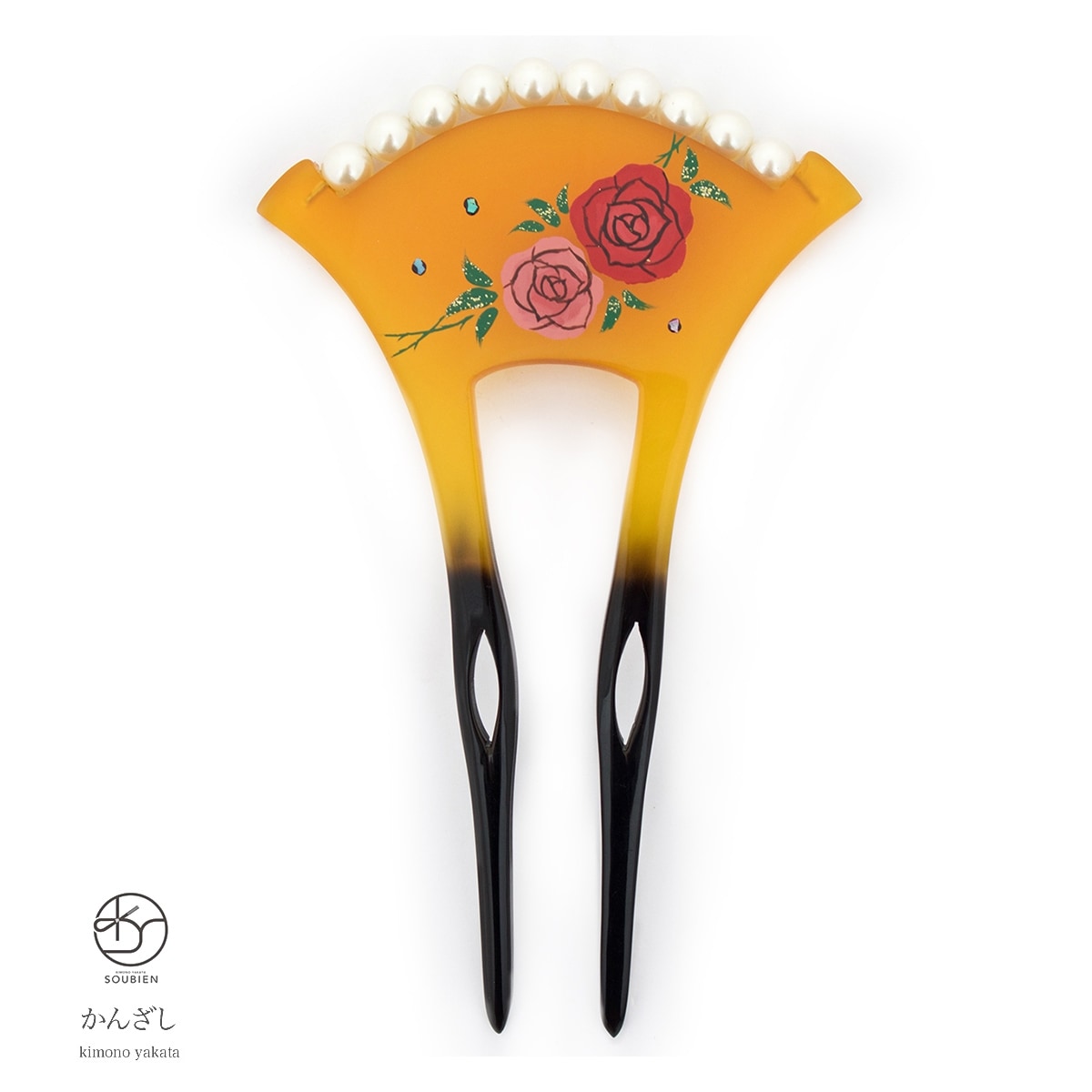バチ型簪　かんざし　べっ甲色　鼈甲色　薔薇　花　パールビーズ　フォーマル　二本足　髪飾り　日本製　結婚式　パーティー　着物　和装
