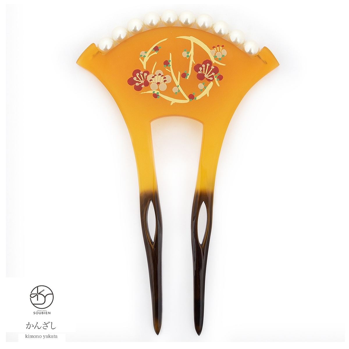 バチ型簪　かんざし　鼈甲色　べっ甲色　梅　花　パールビーズ　フォーマル　二本足　髪飾り　日本製　結婚式　パーティー　着物　和装