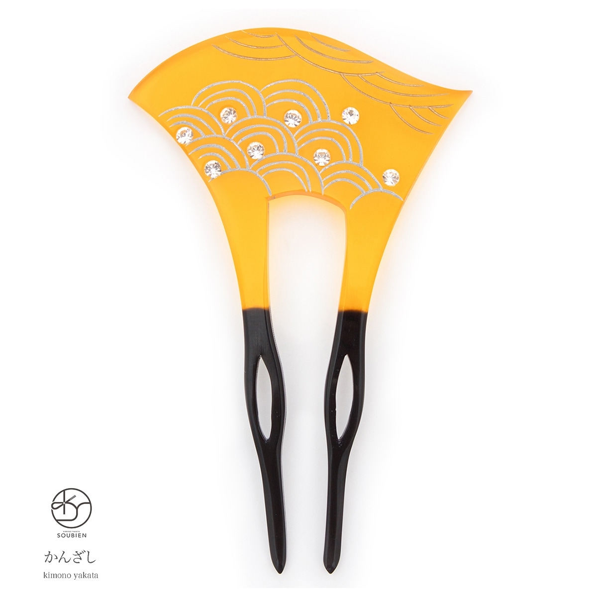 バチ型簪　かんざし　フォーマル　鼈甲色　べっ甲色　立波　青海波　ラインストーン　彫り　二本足　髪飾り　日本製　成人式　卒業式　結婚式　パーティー　着物　和装