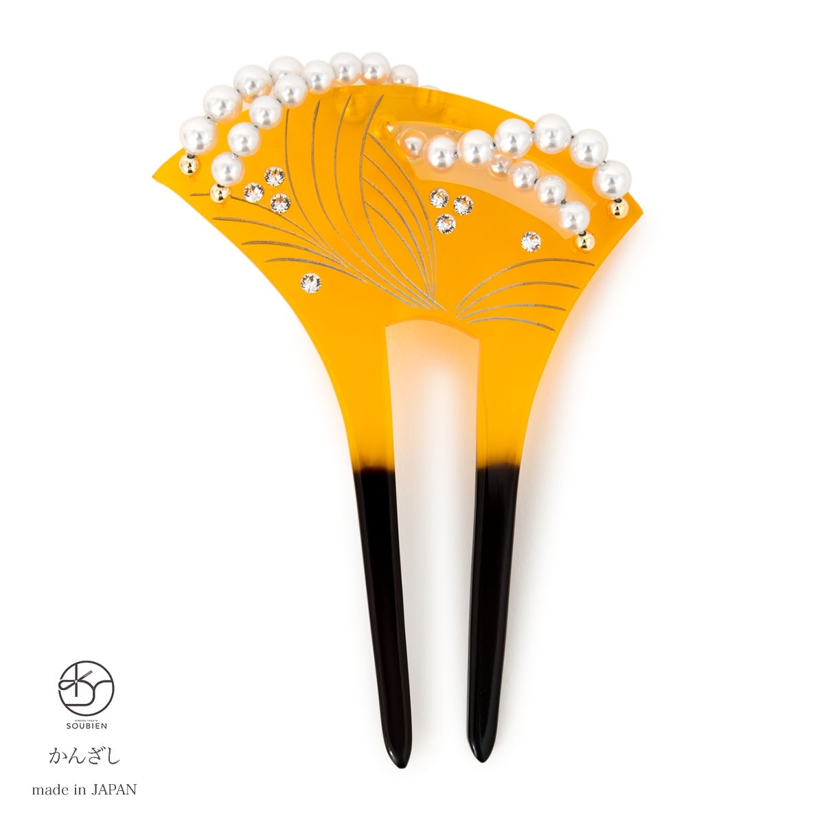バチ型簪　かんざし　フォーマル　鼈甲色　べっ甲色　熨斗　帯状　ラインストーン　パールビーズ　彫り　二本足　髪飾り　日本製　成人式　卒業式　結婚式　パーティー　着物　和装