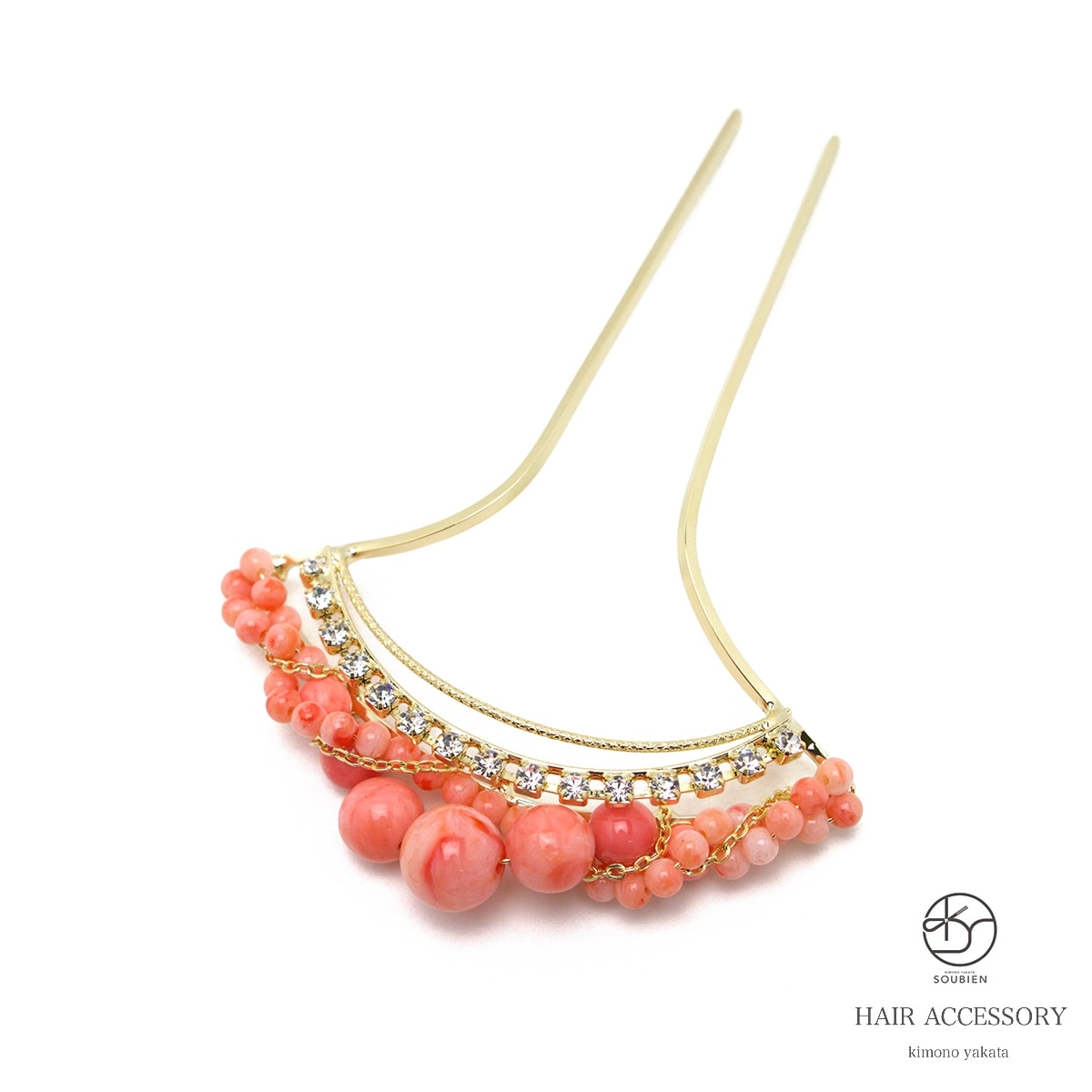 バチ型簪　金　ゴールド　珊瑚色　パールビーズ　ラインストーン　かんざし　フォーマル　髪飾り　日本製　結婚式　パーティー　着物　和装
